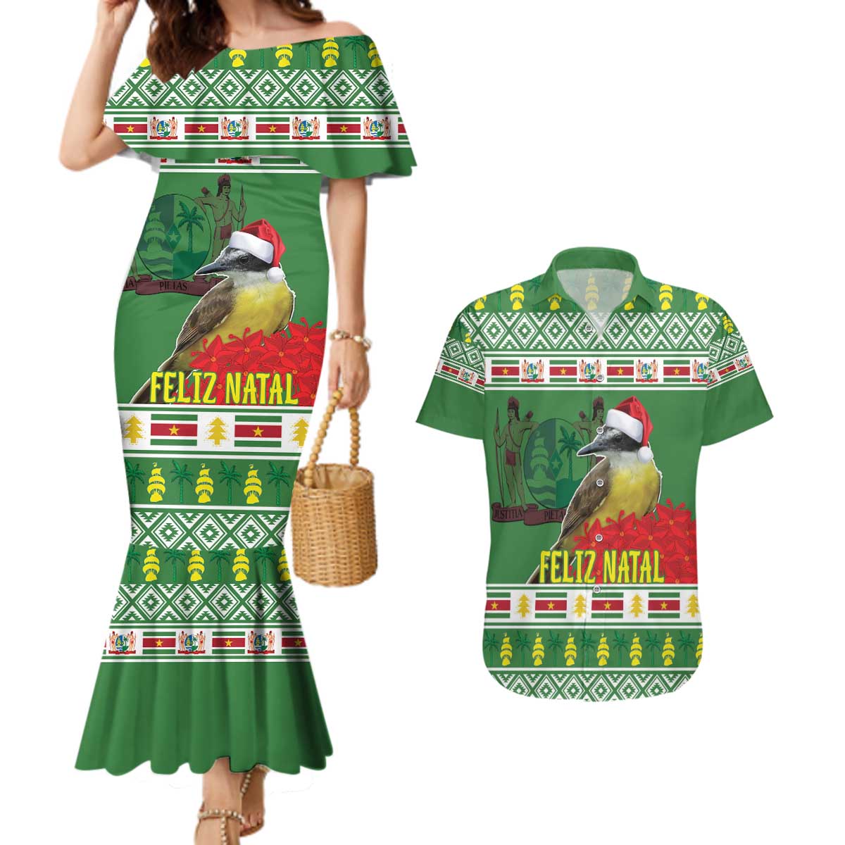 Suriname Christmas Couples Matching Mermaid Dress and Hawaiian Shirt Lesser Kiskadee With White Jungle Geranium - Wonder Print Shop