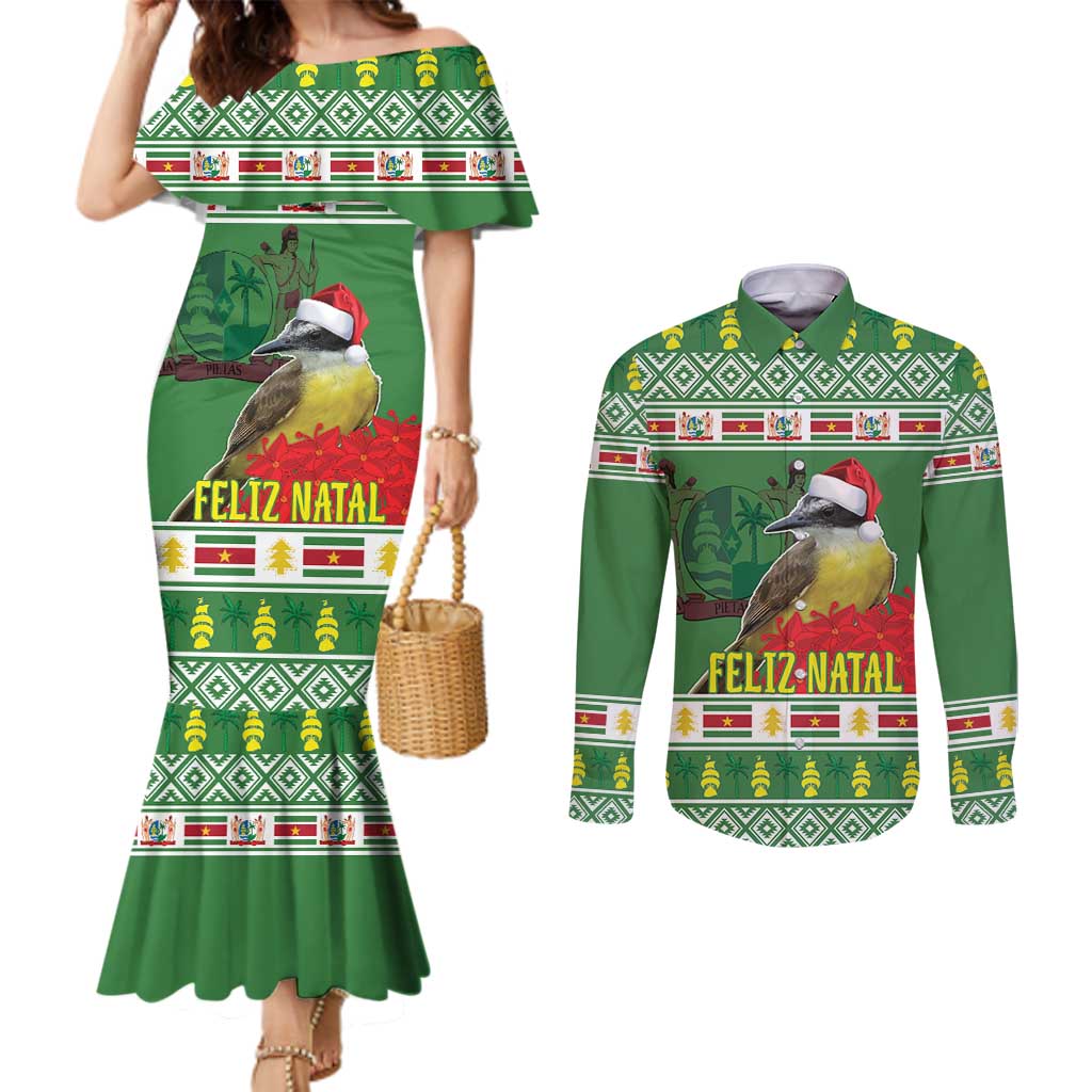 Suriname Christmas Couples Matching Mermaid Dress and Long Sleeve Button Shirt Lesser Kiskadee With White Jungle Geranium