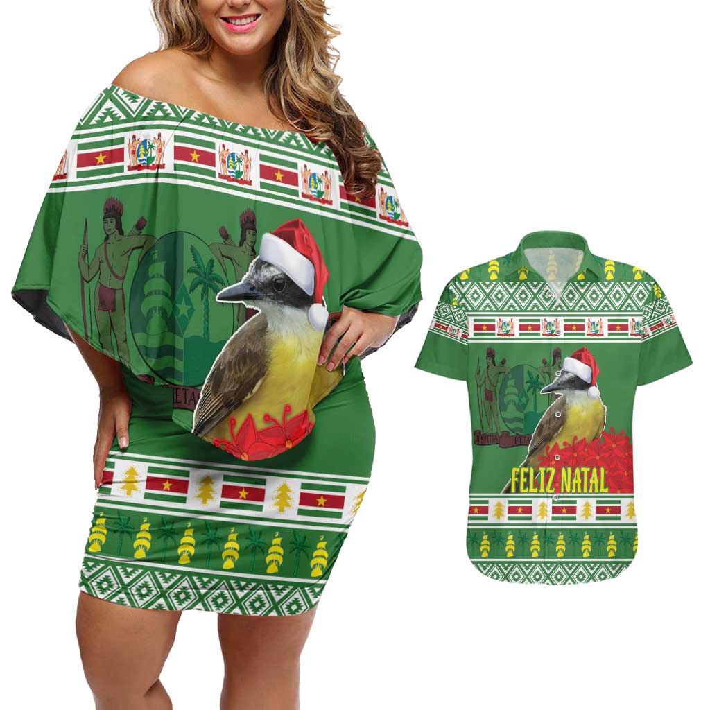 Suriname Christmas Couples Matching Off Shoulder Short Dress and Hawaiian Shirt Lesser Kiskadee With White Jungle Geranium - Wonder Print Shop