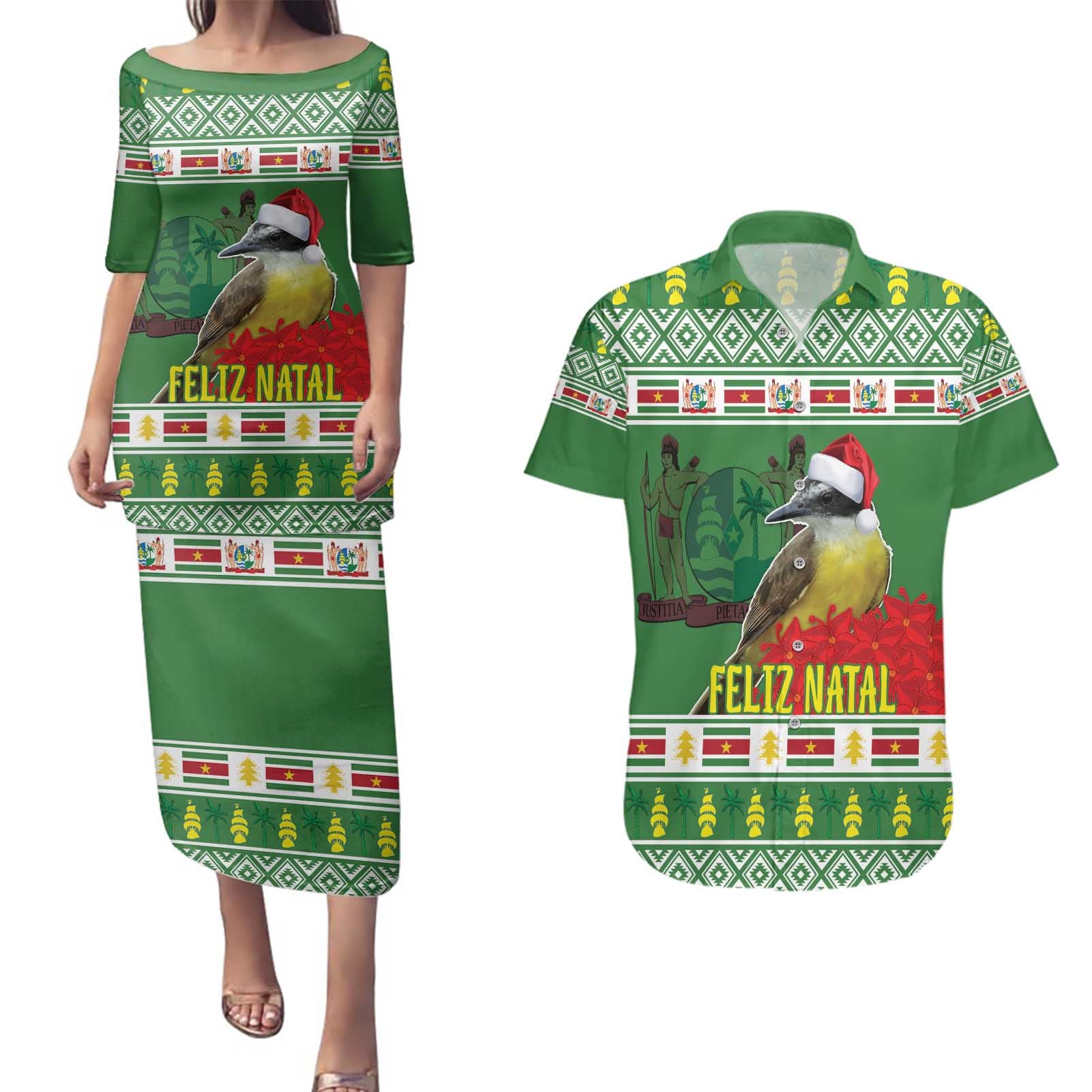 Suriname Christmas Couples Matching Puletasi and Hawaiian Shirt Lesser Kiskadee With White Jungle Geranium - Wonder Print Shop