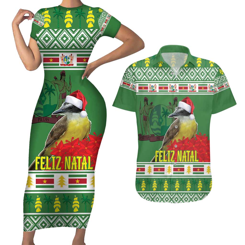 Suriname Christmas Couples Matching Short Sleeve Bodycon Dress and Hawaiian Shirt Lesser Kiskadee With White Jungle Geranium - Wonder Print Shop