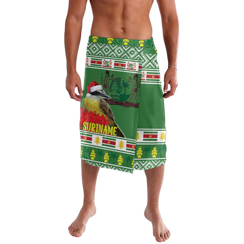 Green tropical Christmas lavalava swim shorts with jungle bird and festive border