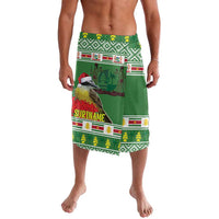 Green tropical Christmas lavalava swim shorts with jungle bird and festive border