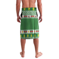 Green tropical Christmas lavalava shorts with patterned waistband and holiday stripes
