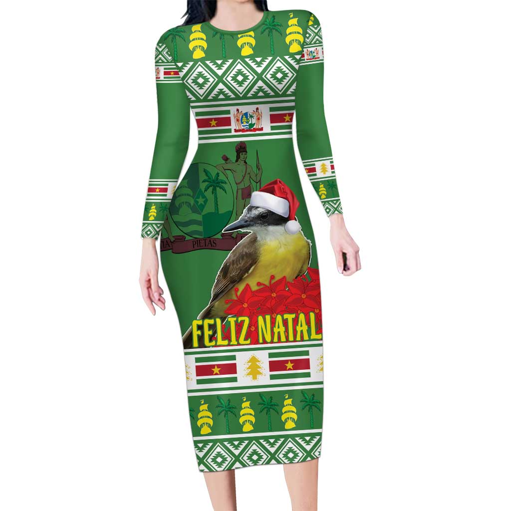 Suriname Christmas Long Sleeve Bodycon Dress Lesser Kiskadee With White Jungle Geranium - Wonder Print Shop