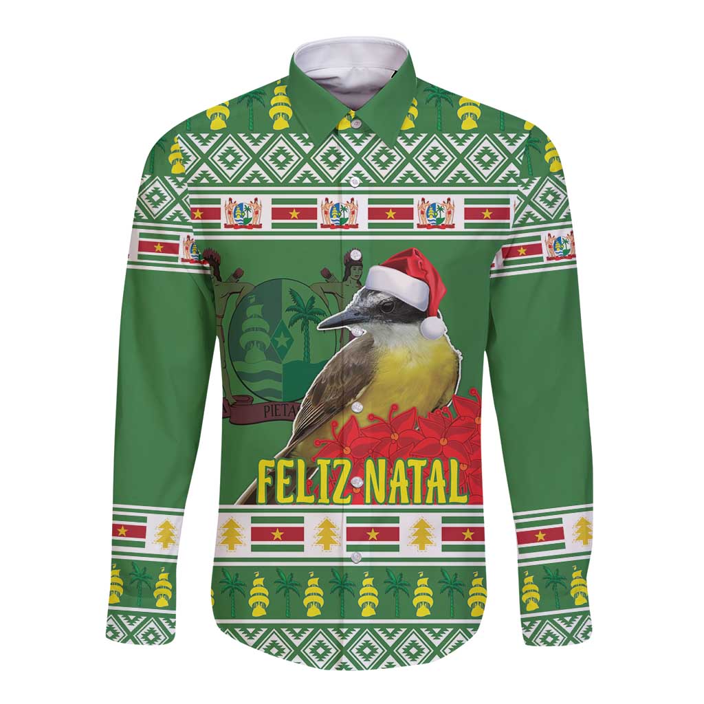 Green long-sleeve button shirt with tropical bird and holiday 'Feliz Natal' graphic