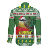 Green long-sleeve button shirt, back with tropical bird and 'SURINAME' holiday graphic
