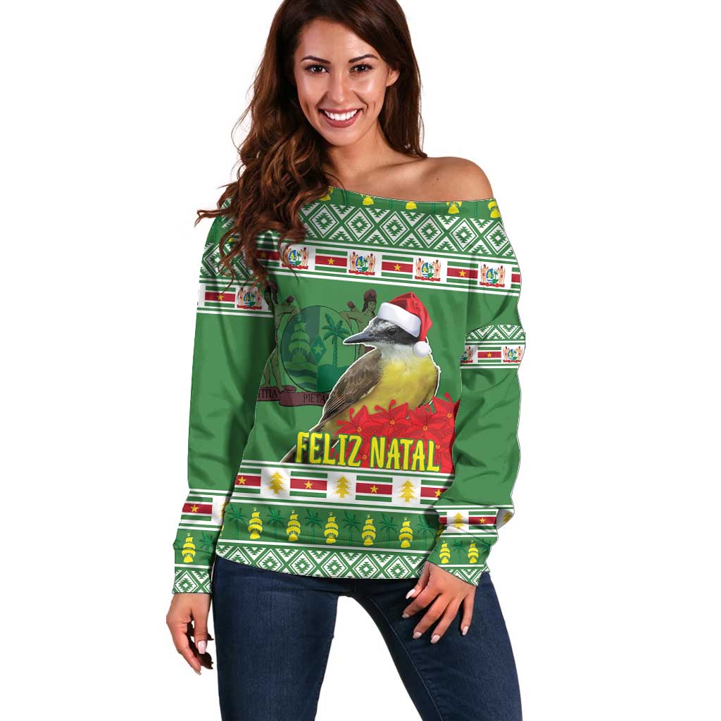 Suriname Christmas Off Shoulder Sweater Lesser Kiskadee With White Jungle Geranium