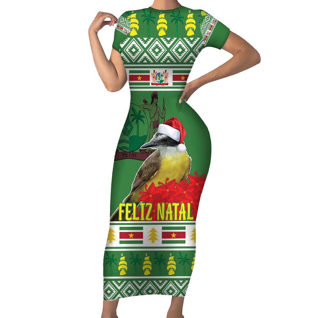 Suriname Christmas Short Sleeve Bodycon Dress Lesser Kiskadee With White Jungle Geranium - Wonder Print Shop