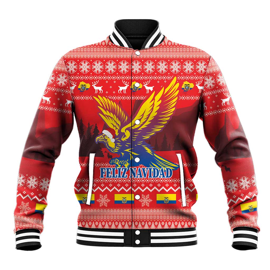 Red festive baseball jacket with colorful Andean condor and “Feliz Navidad” graphic