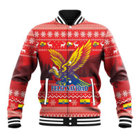 Red festive baseball jacket with colorful Andean condor and “Feliz Navidad” graphic