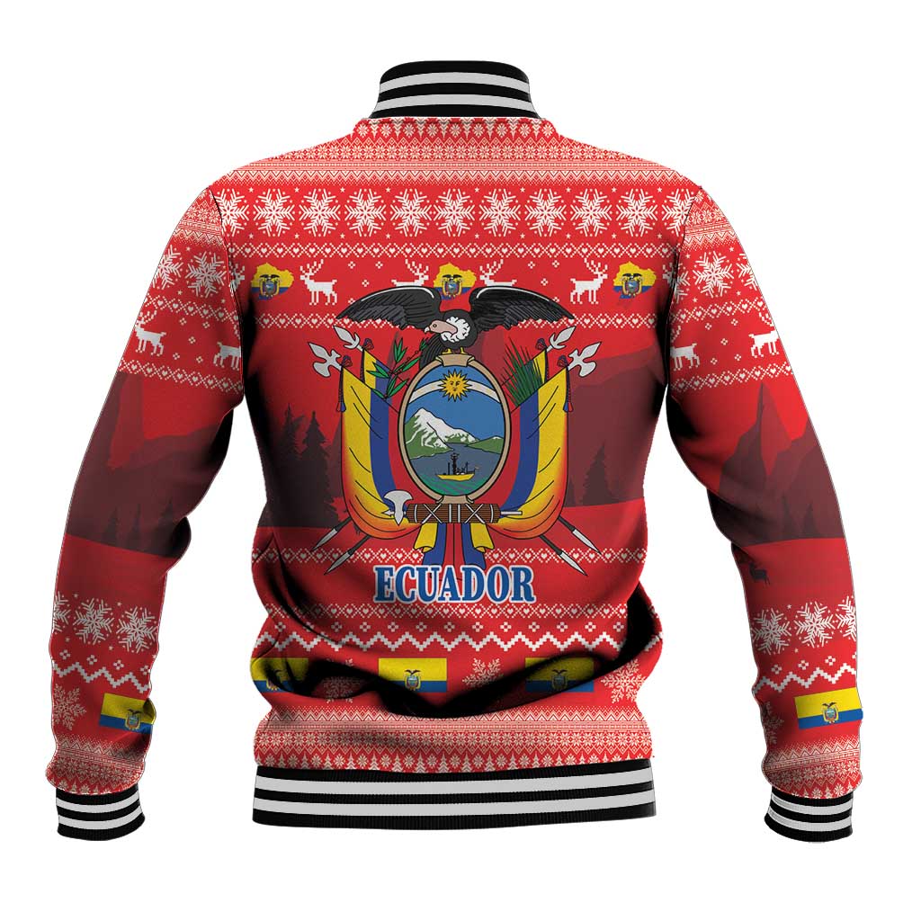 Red festive baseball jacket with Ecuador crest, condor graphic, and “Ecuador” text