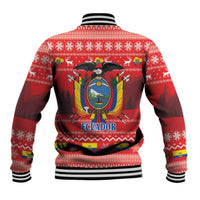Red festive baseball jacket with Ecuador crest, condor graphic, and “Ecuador” text
