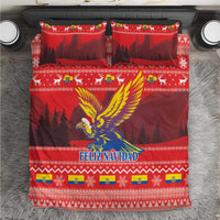 Red Christmas bedding set with two pillowcases, condor graphic and FELIZ NAVIDAD on duvet