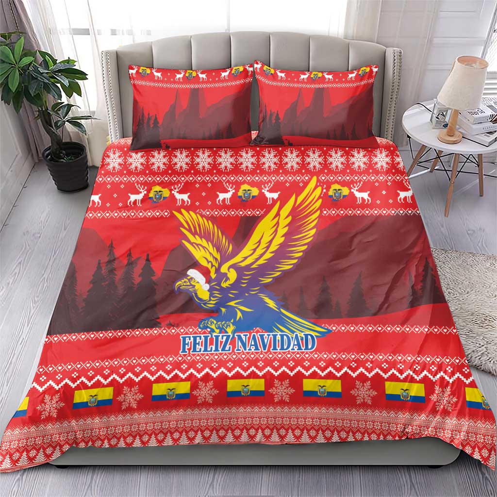 Red Christmas bedding set on bed with two shams, condor, trees, and FELIZ NAVIDAD text