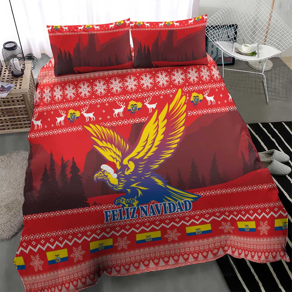 Red Christmas bedding set with condor, forest silhouettes, flags, and FELIZ NAVIDAD; two shams