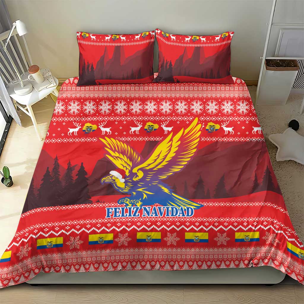 Red Christmas bedding set with condor wing artwork, FELIZ NAVIDAD lettering, and festive border