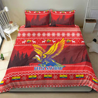 Red Christmas bedding set with condor wing artwork, FELIZ NAVIDAD lettering, and festive border
