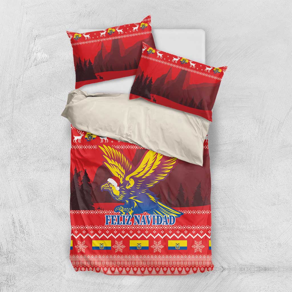 Red Christmas bedding set flat lay: comforter and two pillowcases with condor and FELIZ NAVIDAD