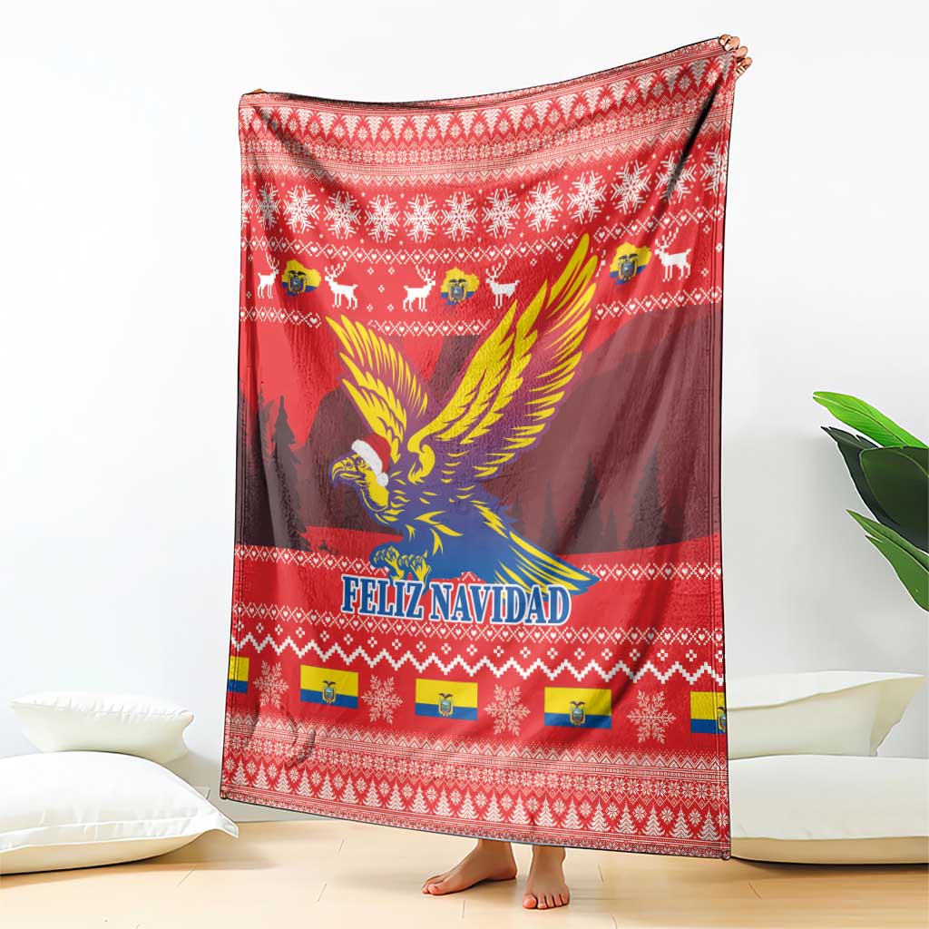 Red Feliz Navidad blanket draped flat with condor design and Christmas-style pattern