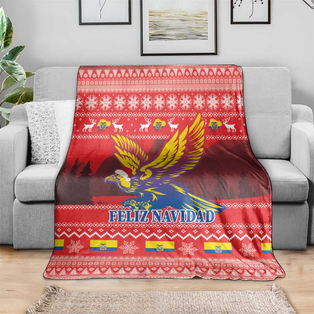 Red Feliz Navidad blanket with Andean condor graphic and festive border pattern