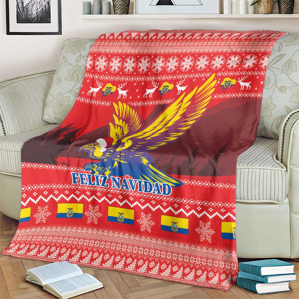 Red Feliz Navidad throw blanket featuring large condor wings and holiday motifs