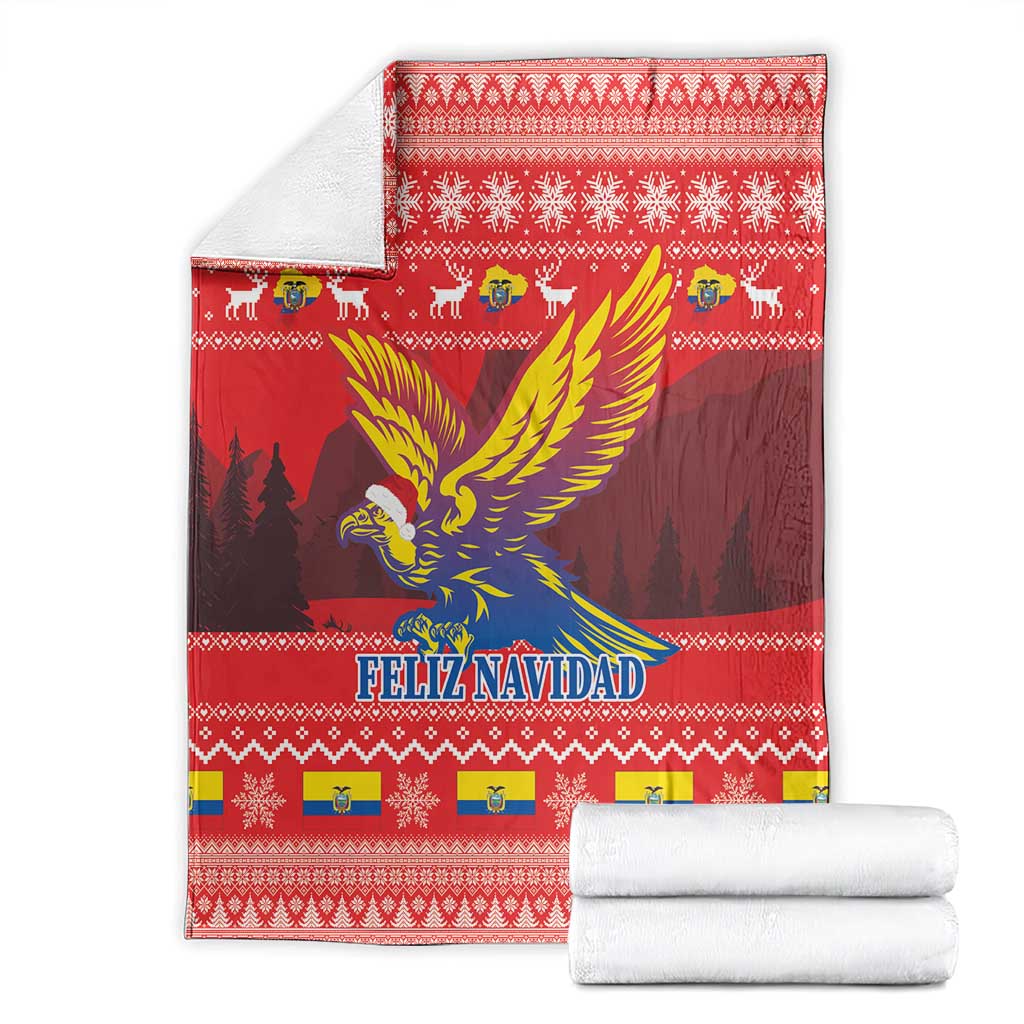Red Feliz Navidad blanket with condor artwork, styled with folded white towels
