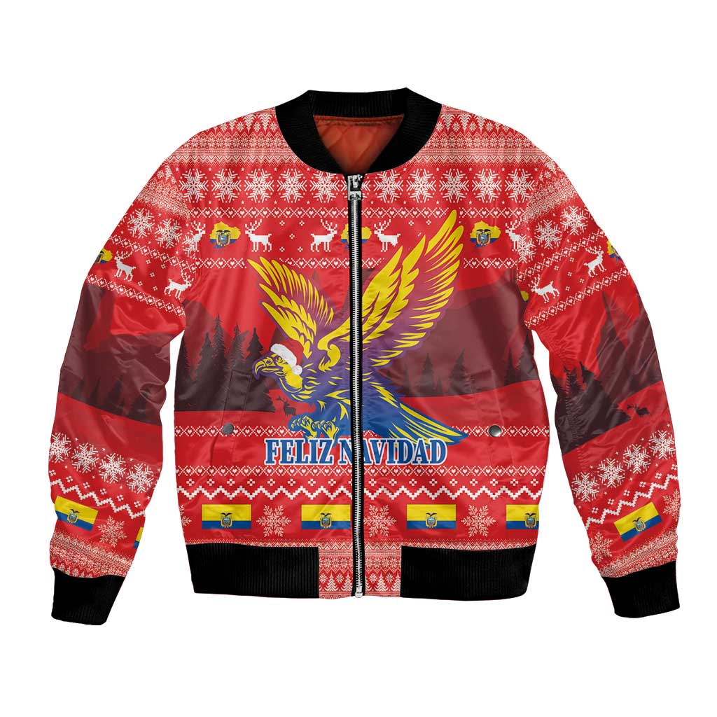 Red Christmas bomber jacket with full-zip front, black ribbed collar and festive condor graphic