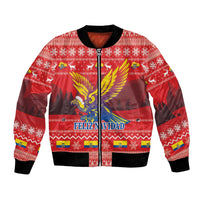 Red Christmas bomber jacket with full-zip front, black ribbed collar and festive condor graphic