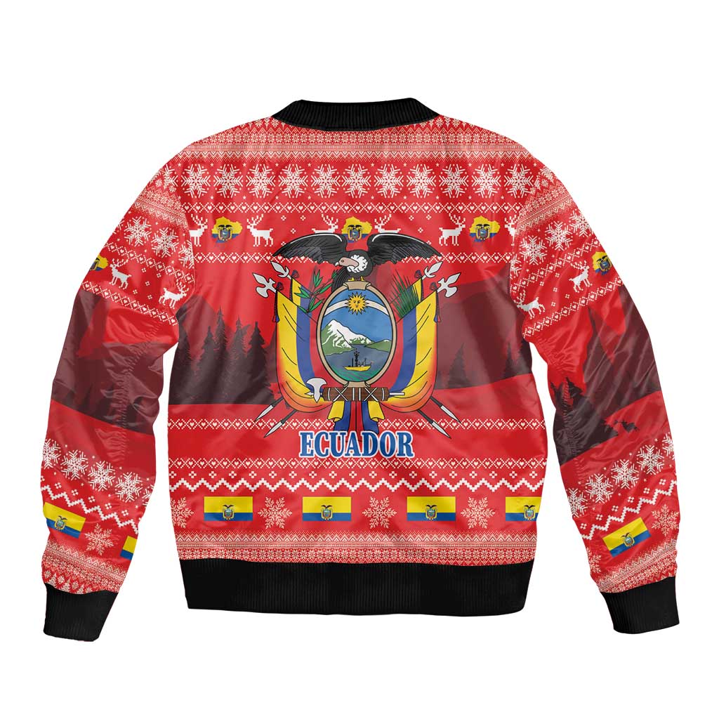 Red Christmas bomber jacket back with large Ecuador crest, eagle and condor designs, ribbed hem