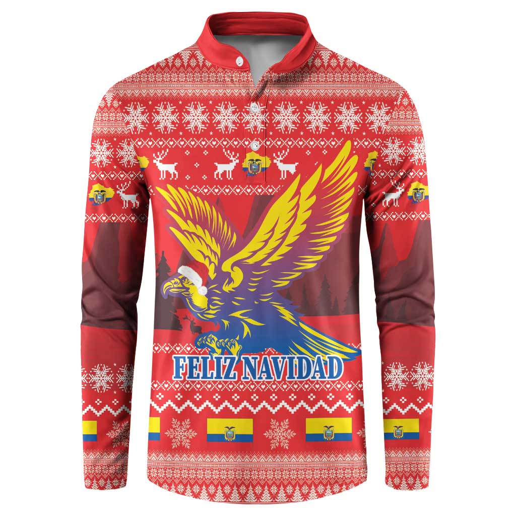 Red Christmas button sweatshirt with eagle graphic and festive patterned trim