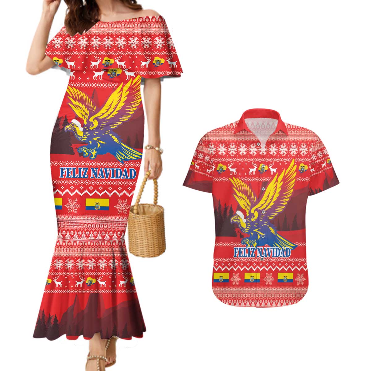 Ecuador Andean Condor Christmas Couples Matching Mermaid Dress and Hawaiian Shirt Dios Patria y Libertad - Wonder Print Shop