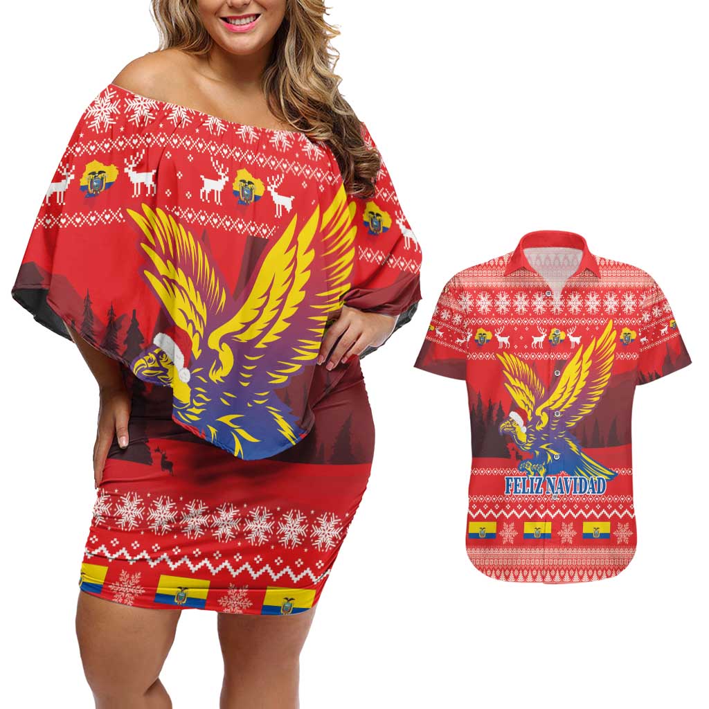 Ecuador Andean Condor Christmas Couples Matching Off Shoulder Short Dress and Hawaiian Shirt Dios Patria y Libertad - Wonder Print Shop