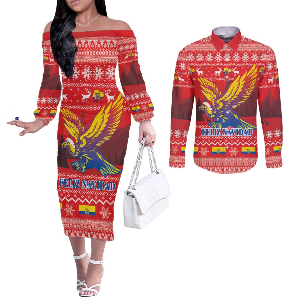 Ecuador Andean Condor Christmas Couples Matching Off The Shoulder Long Sleeve Dress and Long Sleeve Button Shirt Dios Patria y Libertad