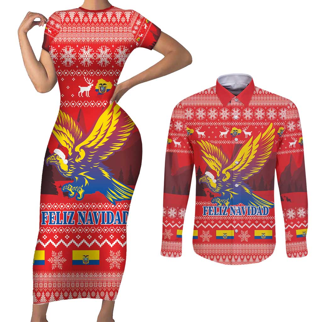 Ecuador Andean Condor Christmas Couples Matching Short Sleeve Bodycon Dress and Long Sleeve Button Shirt Dios Patria y Libertad - Wonder Print Shop