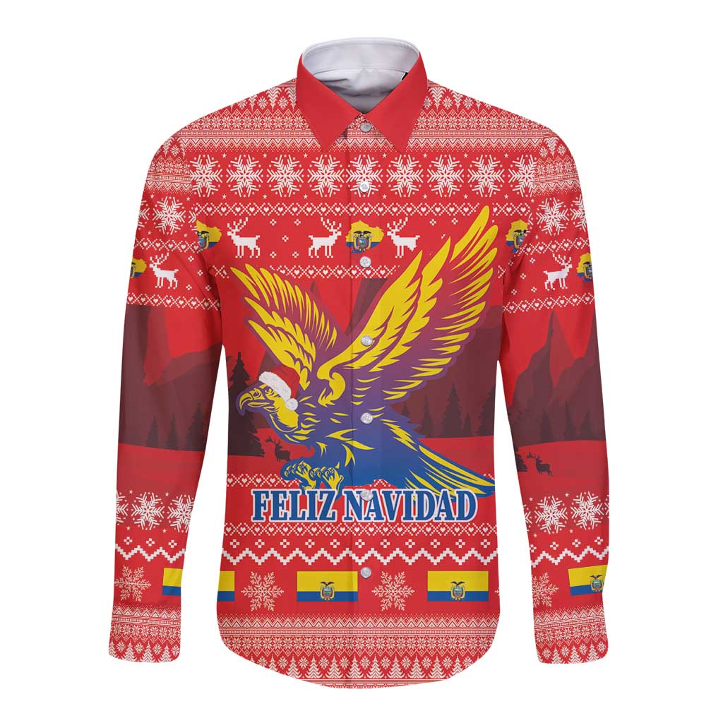 Red long-sleeve button shirt with Feliz Navidad and condor graphic