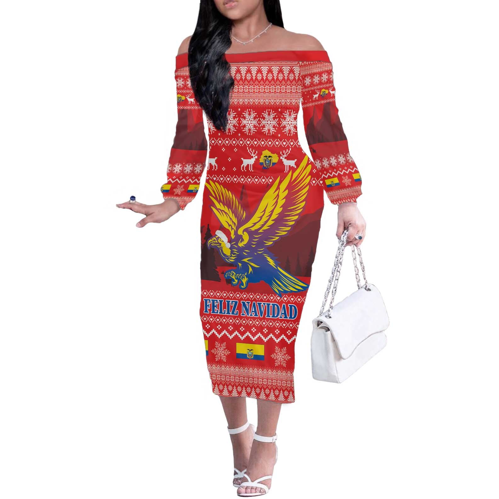 Ecuador Andean Condor Christmas Off The Shoulder Long Sleeve Dress Dios Patria y Libertad - Wonder Print Shop