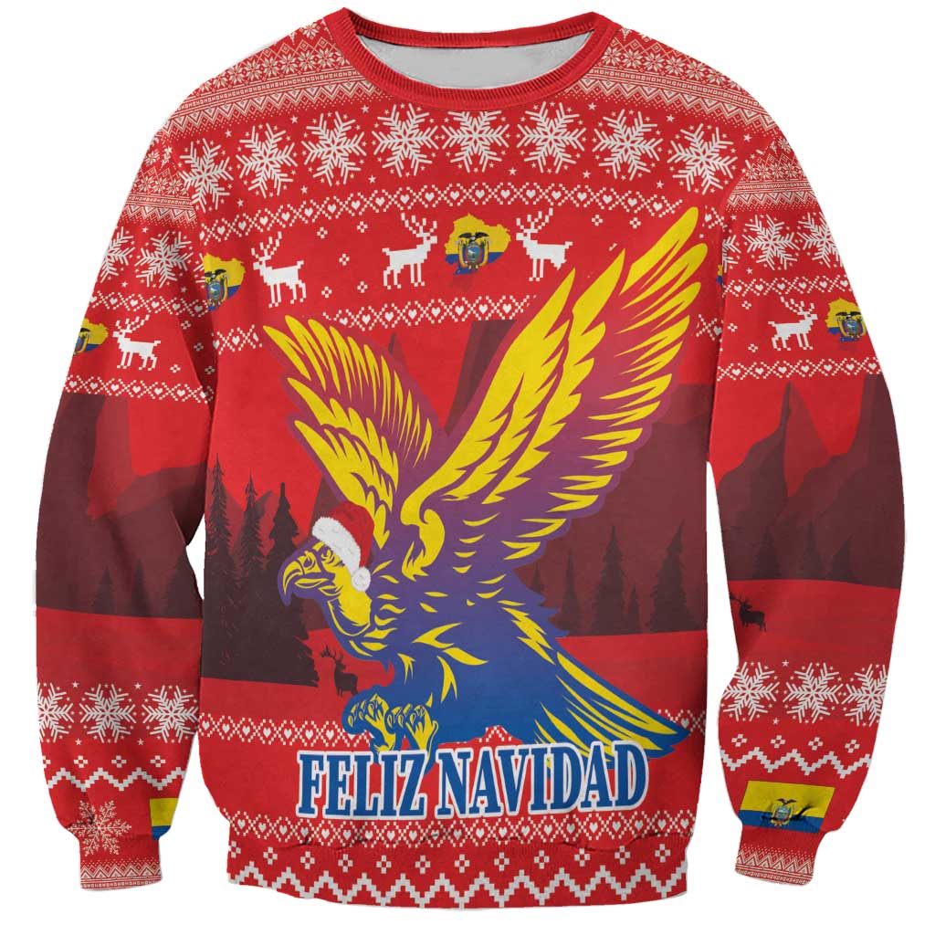 Red Christmas sweatshirt with condor graphic and 'FELIZ NAVIDAD' lettering