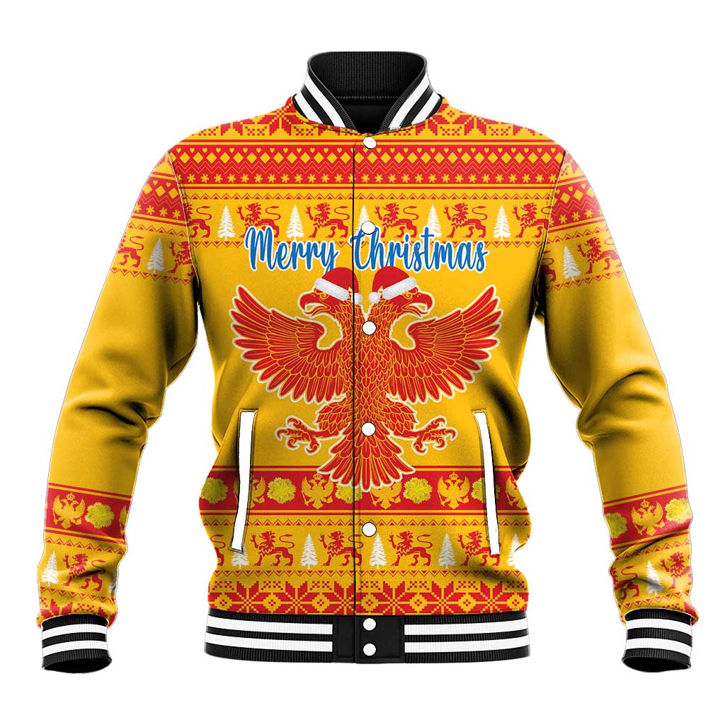 Unisex yellow Christmas baseball jacket with eagle crest graphic and patterned trim
