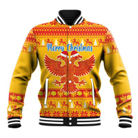 Unisex yellow Christmas baseball jacket with eagle crest graphic and patterned trim
