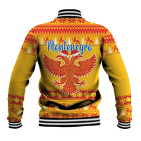 Unisex yellow Christmas baseball jacket, back shows Montenegro word and double-headed eagle