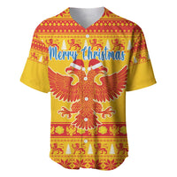 Yellow baseball jersey with red Christmas pattern, eagle and “Merry Christmas”