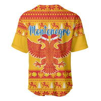 Yellow baseball jersey with red Christmas pattern, eagle and “Montenegro”