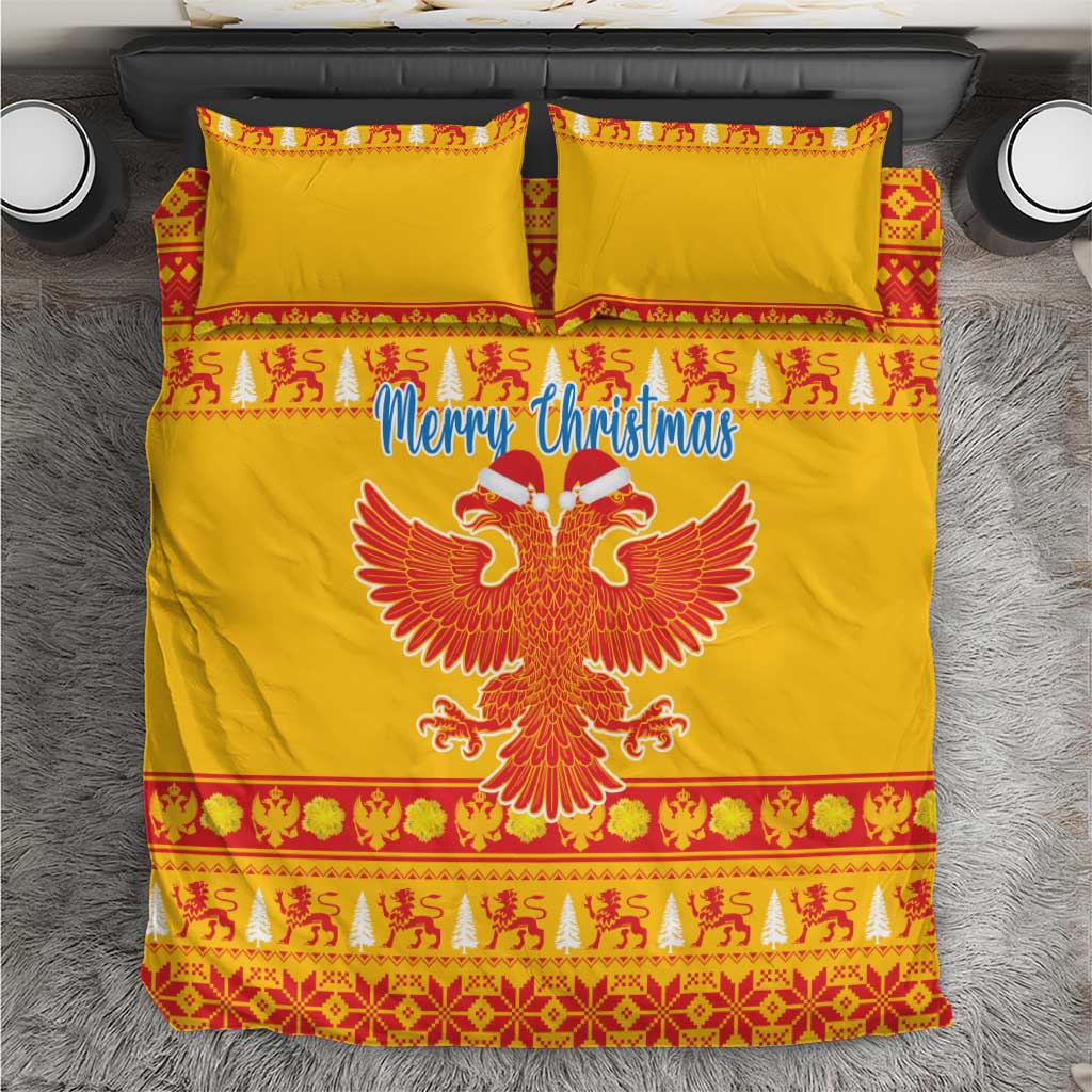 Yellow Christmas bedding set with “Merry Christmas” text, double-headed eagle, and red trim