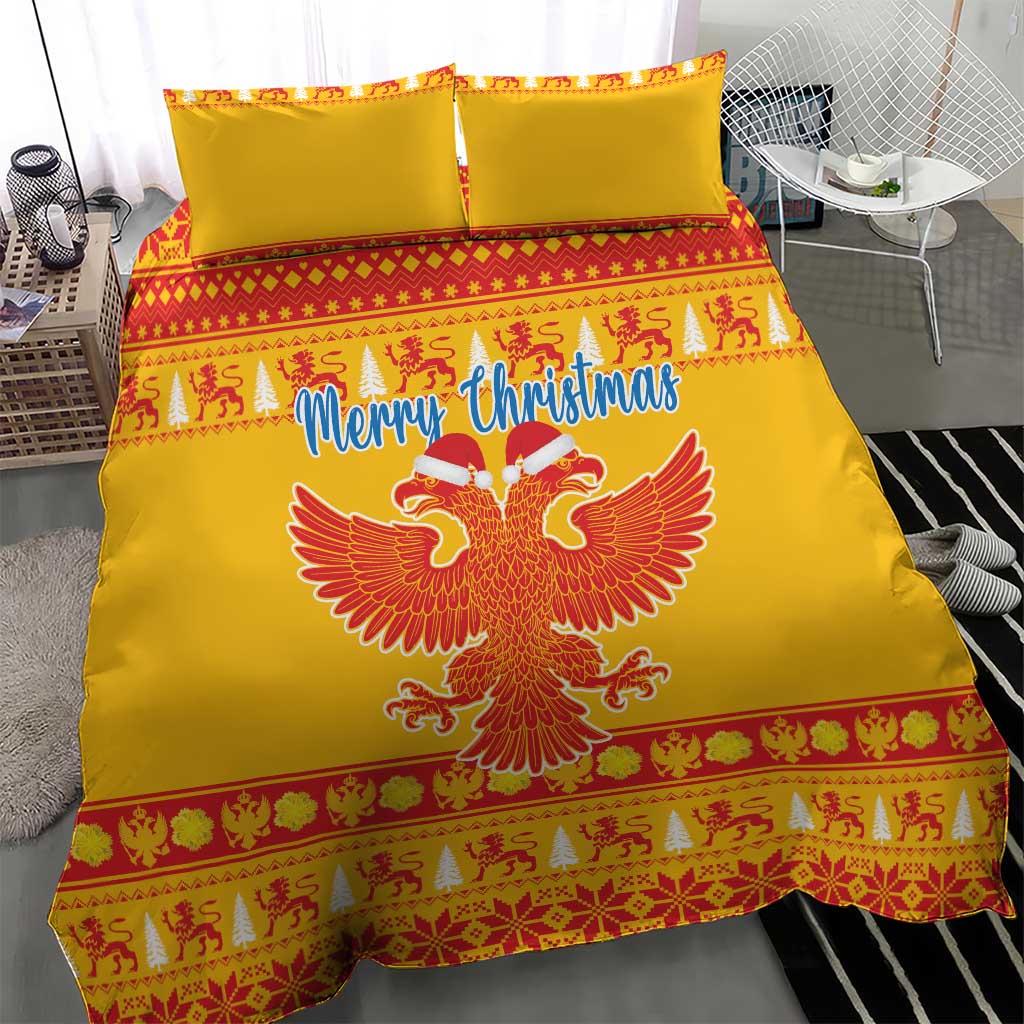 Yellow Christmas bedding set with “Merry Christmas,” double-headed eagle center panel, red border