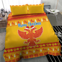 Yellow Christmas bedding set with “Merry Christmas,” double-headed eagle center panel, red border