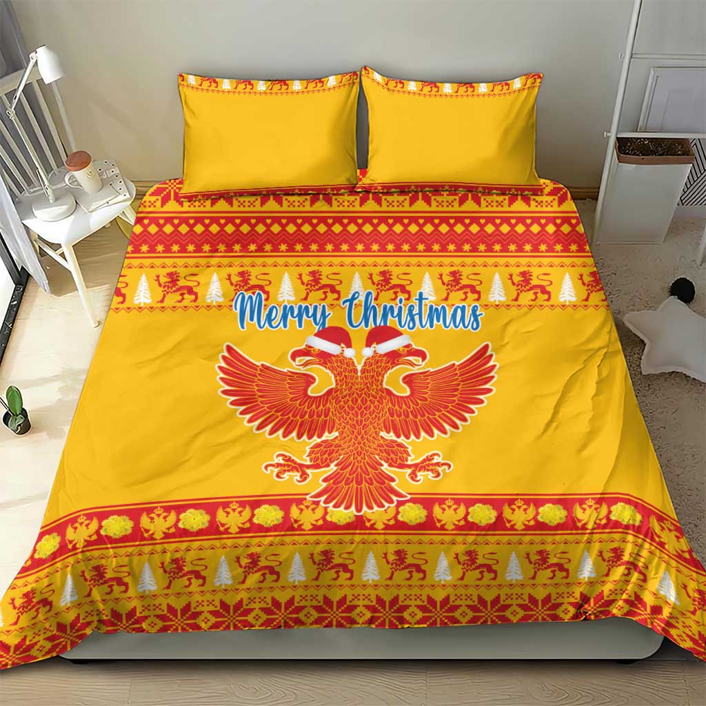 Yellow Christmas duvet cover set with “Merry Christmas” and double-headed eagle, matching pillowcases