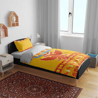 Yellow Christmas duvet and pillowcases featuring “Merry Christmas” and double-headed eagle artwork