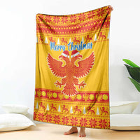 Yellow Christmas blanket with double-headed eagle, Merry Christmas text, and red festive border.