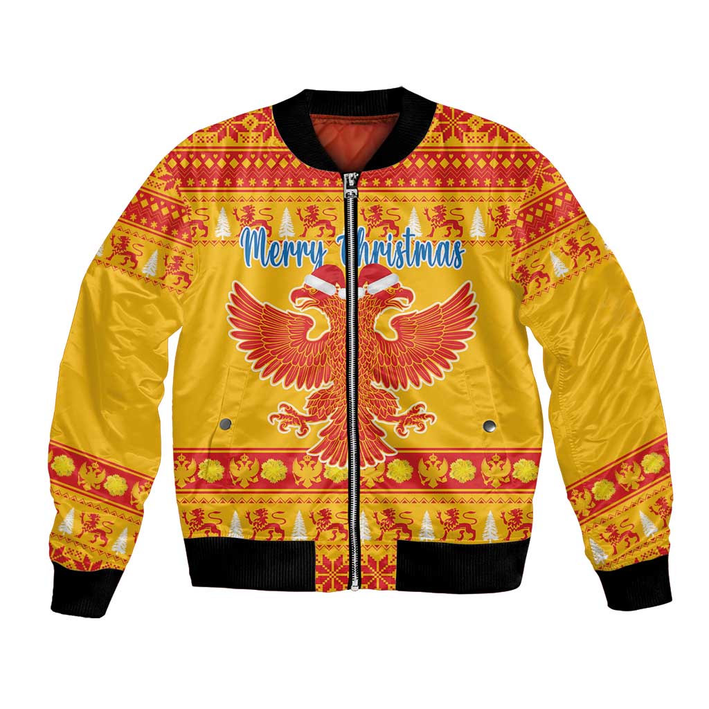 Yellow unisex Christmas bomber jacket with front zipper, red double-headed eagle print